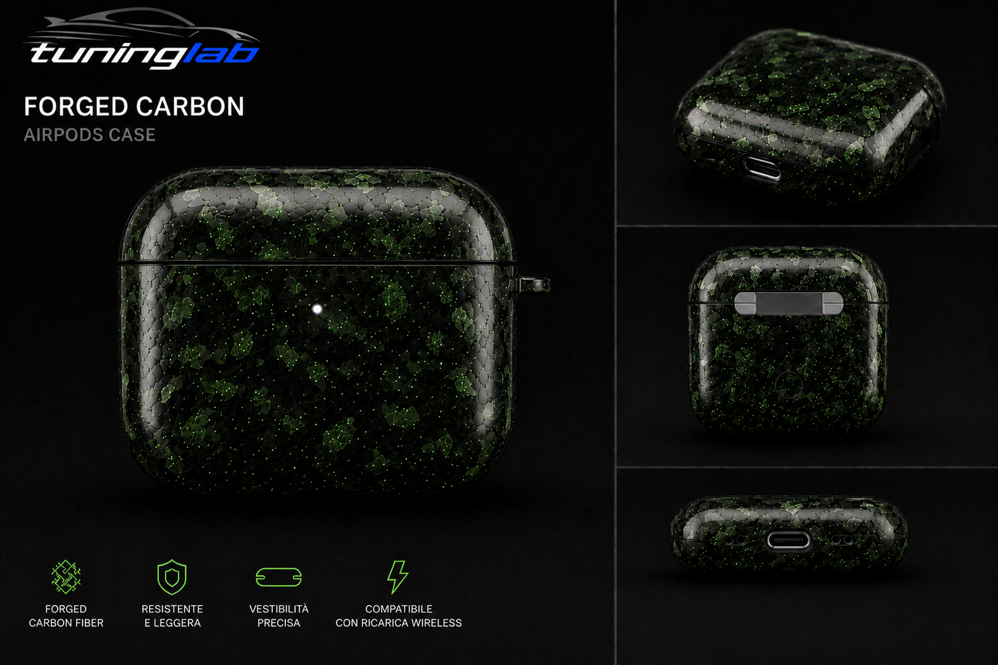Custodia in Vera Fibra di Carbonio Forgiata per Apple AirPods Pro (1ª, 2ª e 3ª Generazione) e AirPods 4
