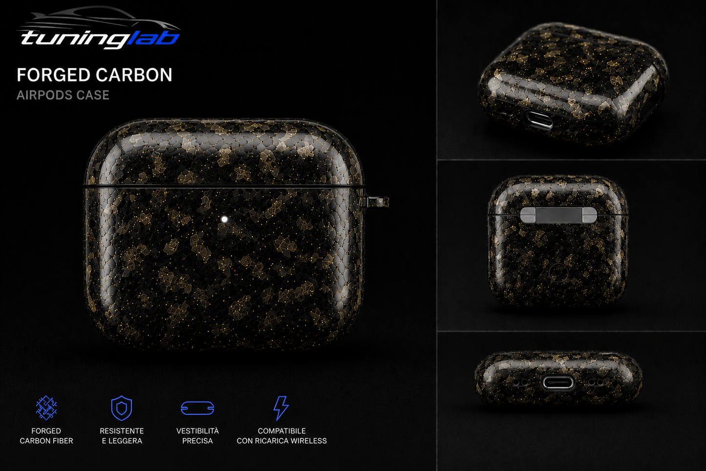 Custodia in Vera Fibra di Carbonio Forgiata per Apple AirPods Pro (1ª, 2ª e 3ª Generazione) e AirPods 4