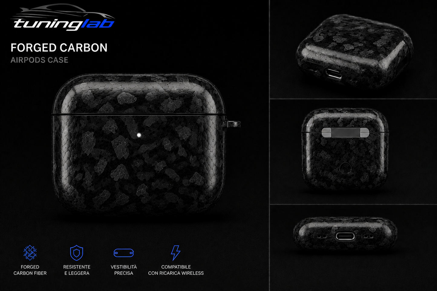 Custodia in Vera Fibra di Carbonio Forgiata per Apple AirPods Pro (1ª, 2ª e 3ª Generazione) e AirPods 4
